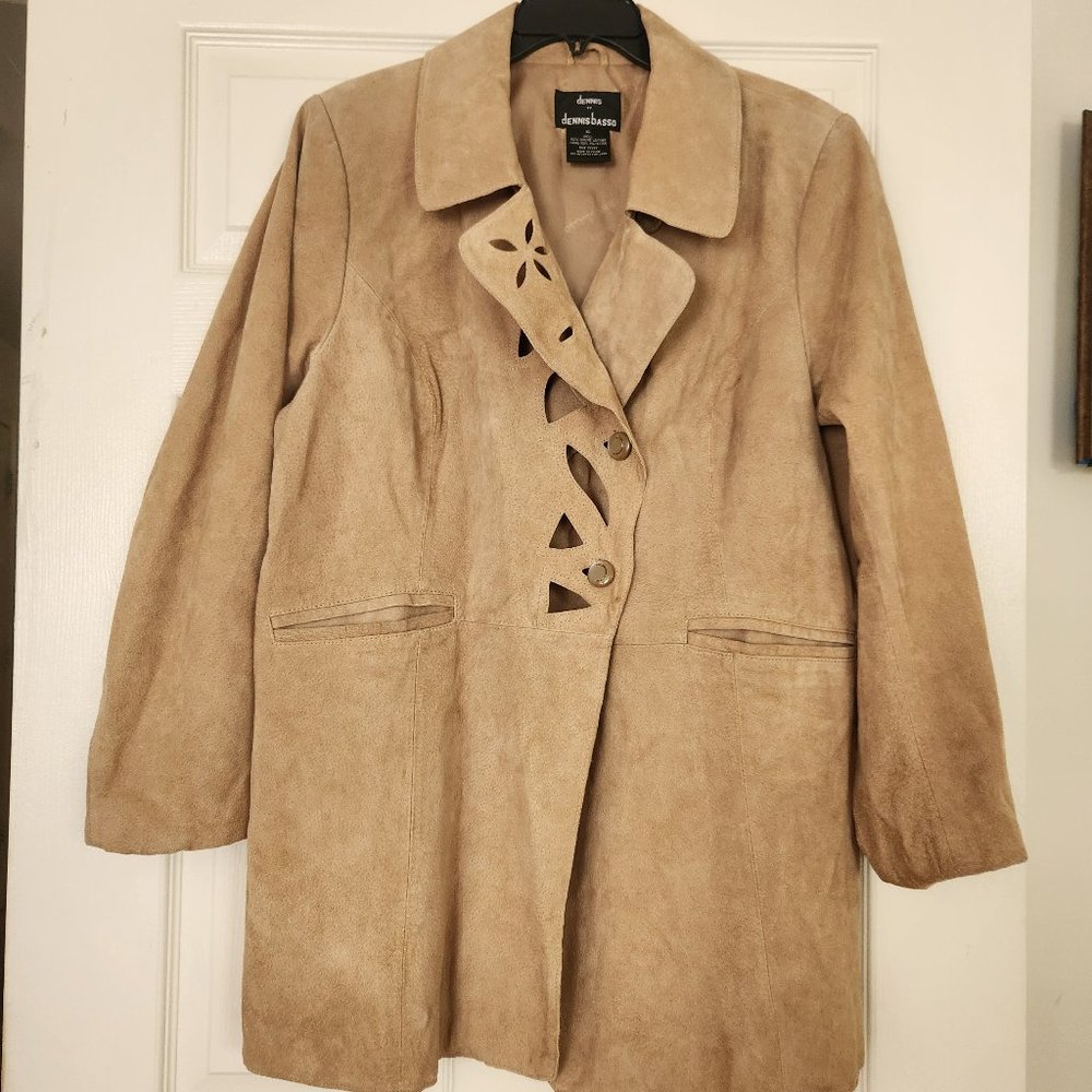 DENNIS BASSO Women Beige Genuine Leather Jacket/Coat size XL "Richelieu" decor